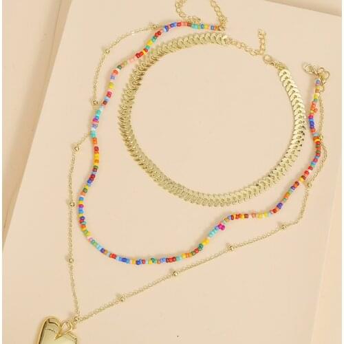 3 Pcs/Set Bohemian Ethnic Handmade Beaded Gold Metal Chain Layered Necklace Women Fashion Big Heart Necklaces & Pendants Jewelry