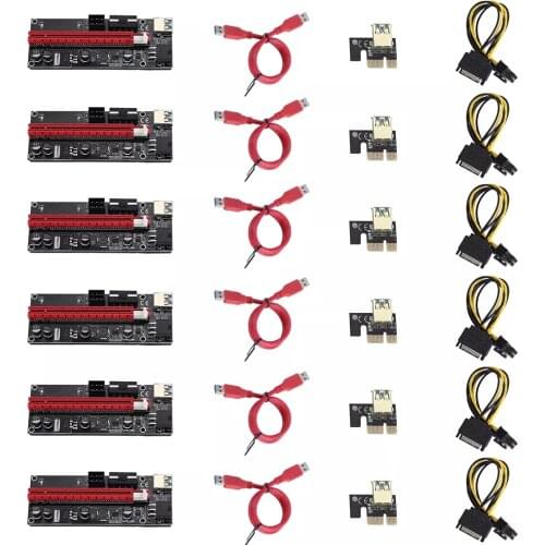 6PCS Newest VER009 USB 3.0 PCIE Riser VER 009S Express 1X 4x 8x 16x Extender pcie Riser Adapter Card SATA 15pin to 6 pin Power