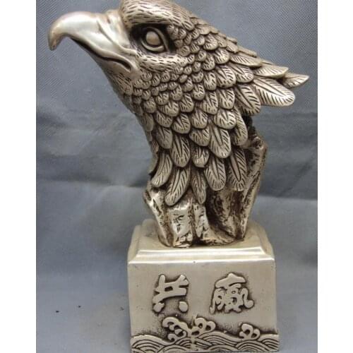 9.5 Chinese White Copper Silver Lucky Win Hawk falcon Eagle Bird Head Art Statue