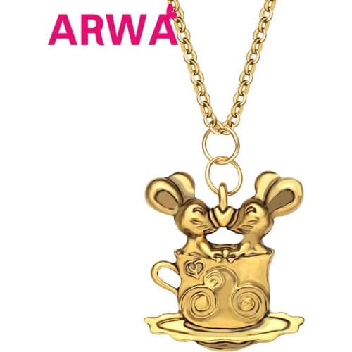 ARWA Alloy Antique Gold Plated Double Sweet Cup Mouse Rat Necklace Pendant Chain Metal Cartoon Jewelry Charm Gift For Teen Girl