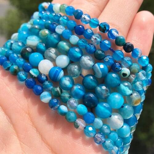 4-12mm Natural Onyx Stone Faceted Blue Striated Agates Beads Round Loose Beads For Jewelry Making DIY Bracelet Supplies 15"