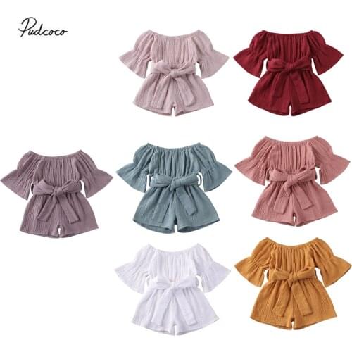 2020 Baby Summer Clothing Baby Girl Fashion Solid Off-shoulder Jumpsuit Toddler Trumpet Sleeve Waist Bandage Jumpsuits Shorts