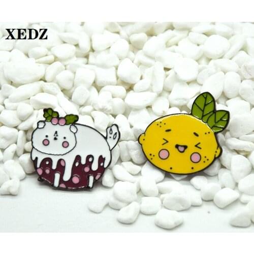 XEDZ cream cat lemon enamel pins strawberry dessert HAPPY thumbtack K plant badge clothes lapel men and women jewelry gift bag