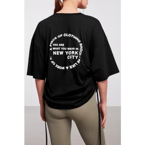 Womens Black Oversize Crew Neck Off Shoulder Printed Tshirt Casual Fashion Products Street Sports Style Wear Spring Summer