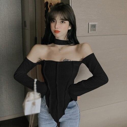 T Shirts Slash Collar for Women Vintage Long Sleeve Crop Top Off Shoulder Club Corsets Busiter Streetwear Tee Spring And Summer