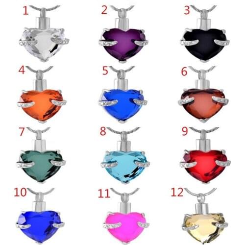 IJD8072 12 Color Birthstone Crystal Heart URN Necklace Memorial Cremation Keepsake Ashes Holder Pendant Chain Funnel