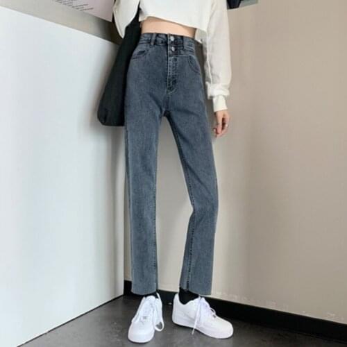 Ins wide leg quarter pants spring 2021 new high waist jeans womens Korean loose and slim straight pants