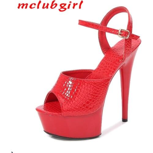 Mclubgirl Patent Leather 15cm High Heels Stiletto Sexy Waterproof Platform Hate High Super High Sandals Female Summer LFD
