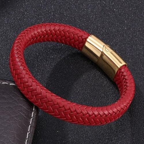 Fashion Chic Braided Women Red Leather Bracelet Male Jewelry Titanium Steel Clasp Gold/Black/Silver Color Buckle 0236