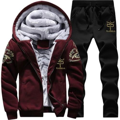 Mens Sports Fleece Thick Hooded Bronzing Printed Clothing Casual Mens Jacket + Pants Warm Fleece Lining Winter Sportswear