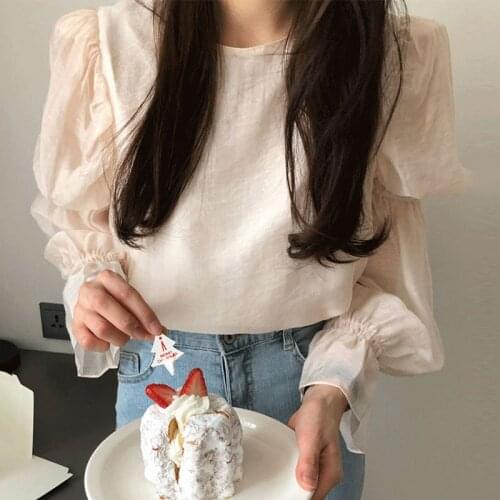 Sexy Backless Bow Lace Up Korean Blouse Spring O Neck Blouse Women Simple OL Puff Long Sleeve Shirt Elegant Blusas Mujer 14368