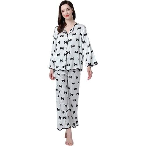 Female Pregnant Pyjamas Suit Summer Thin Ice Silk Long Sleeve Spring Summer Home Clothes Pyjamas Set Women Loose Feminino