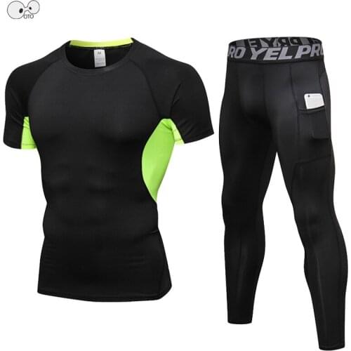 Short Sleeve Shirt+Pocket Pants 2Pcs Running Set Men Compression Fitness Sport Suit Quick Dry Gym Tracksuit Sportswear Rashguard