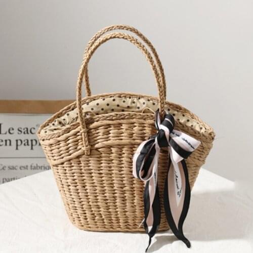 New straw bag womens fashion silk scarf summer straw bag hand-held seaside holiday hand-held bag beach bag