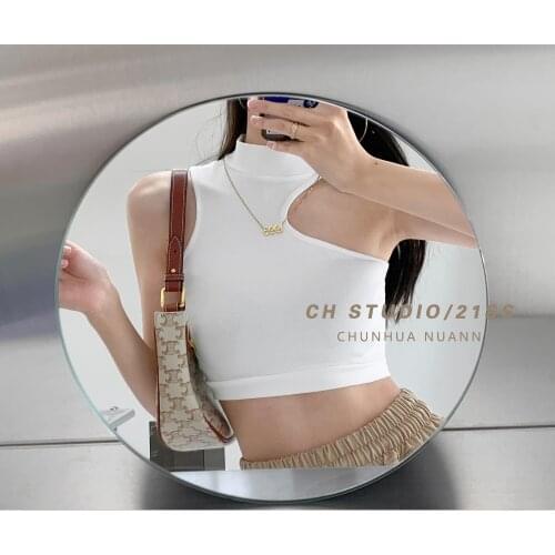 TVVOVVIN Women Korean Version Of The Slim High Collar Skinny Irregular Off-shoulder Shoulder Digging Cropped Short Vest Top 90BM