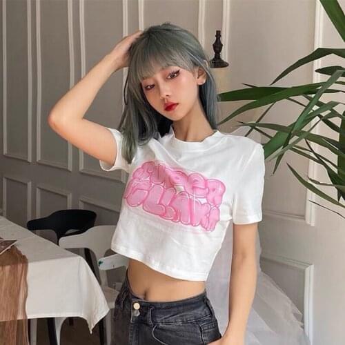 90s Vintage Sweet Girl Slim Crop Top Harajuku Pink Letter Cute Print Graphic Summer Y2K Streetwear Fun Sexy Short Sleeve T-Shirt