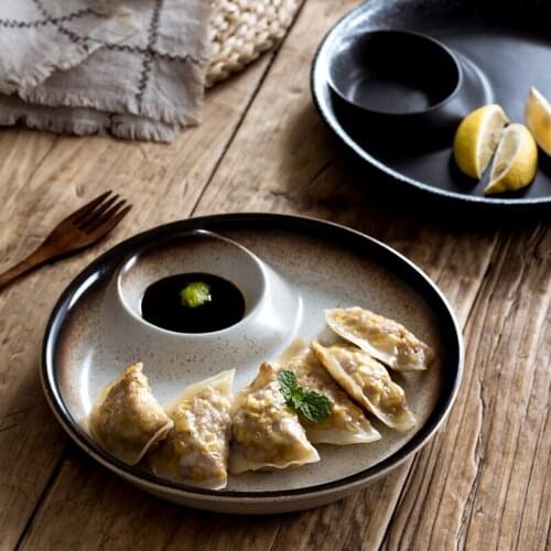 Japanese Ceramic Household Restaurant Dumpling Plate with Vinegar Dish Simple Round Seafood Sushi Ramen Dish Kitchen Tableware