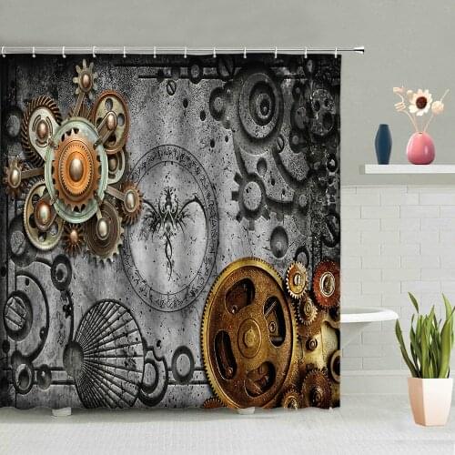 Vintage Gear Shower Curtain Metal Mechanics Steampunk Factory Wall Hanging Curtains Bathroom Decor Bath Screen Waterproof Fabric