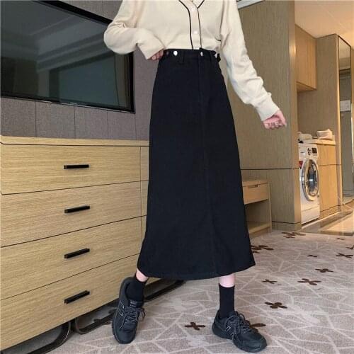 Women Long Black Skirt Spring Autumn Casual High Waist Split Denim Skirt with Buttons Woman Sweet A-Line Mid Length Skirt
