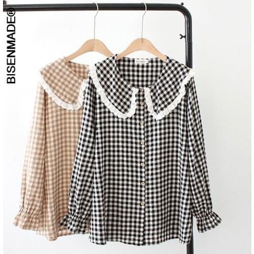 Spring/Autumn Oversize Women Shirt 2021 Fashion Casual Clothes Loose Long Sleeve Tops Cute Peter Pan Collar Plaid Blouse