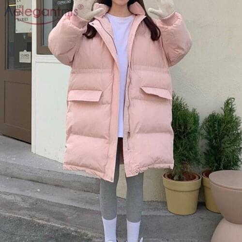 Aelegantmis 2021 Winter Thicken Warm Hooded Loose Long Female Parkas Oversized Korean Causal Solid Color Coats Fashion Outwears
