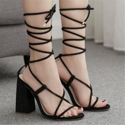 Women sandals Flock Lace Up 11.5cm Square heel High heels Round Toe Shallow Front & Rear Strap women shoes size 35-42 black