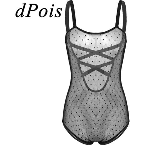 Womens Bodysuits Sexy See Through Sheer Lingerie Dotted Mesh Teddy Bodysuit Spaghetti Straps Criss-cross Back Jumpsuit One-piece