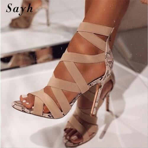 Women High Heel Sandals Elastic Bandage Rome Pumps Sexy Snakeskin Peep Toe Stilettos Lady Fashion Party Dress Shoes Outdoor