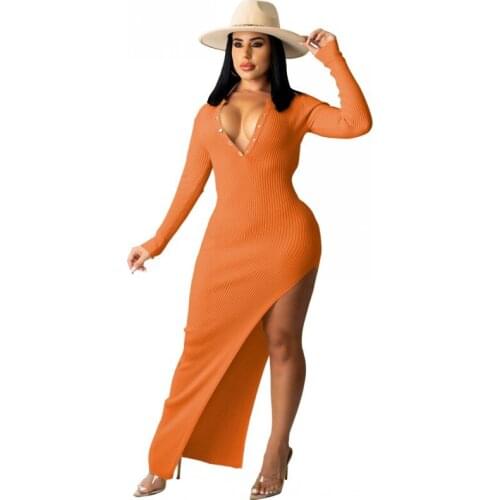 2021 Autumn Side Split Dress Women Sexy Long Sleeve Solid Knitted Ankle-Length Party Dress Slim Elastics Long Maxi Dress