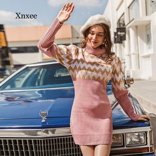 Turtleneck Wave Print Knitted Women Pullover Sweater Dress Vintage Autumn Winter Lantern Sleeve Female Outwear Dresses Clothes