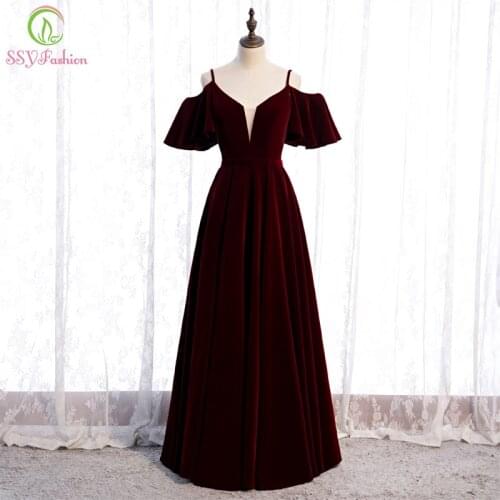 SSYFashion Simpe Velour Wine Red Evening Dress Sexy V-neck Floor-length Banquet Elegant Long Prom Formal Gowns for Women Vestido