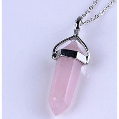 100-Unique Fashion Silver Plated Natural Rose Pink Quartz Hexagon Column Pendant Link Chain Necklace Jewelry