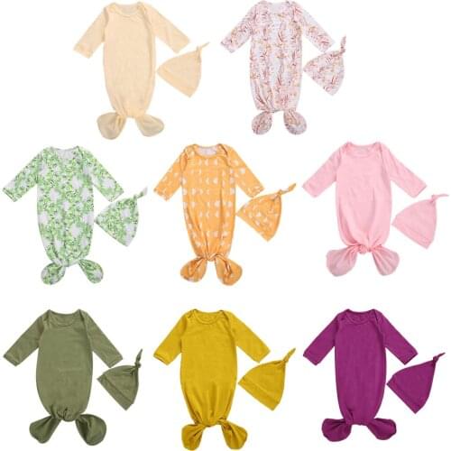 8 Color Autumn Infant Baby Baby Girls Boys Sleeping Bags New Solid Color/Floral Print Long Sleeve Sleepwear +Hat 2pcs 0-6M