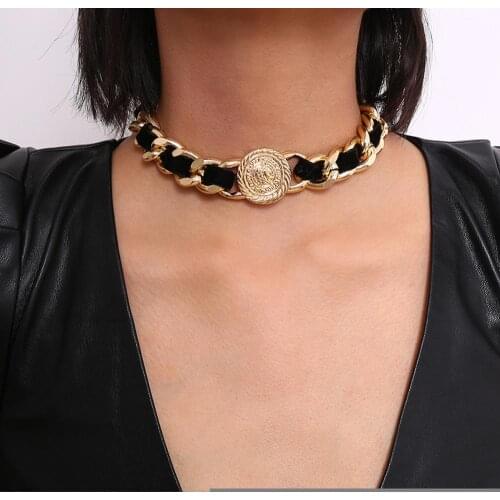 2020 Brand Head Coin Fashion Black Leather Short Necklace Punk