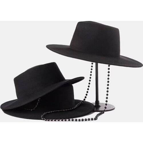 202010-hh8149c autumn winter wool black Bead chain lady fedoras hat cap women leisure panama jazz hat