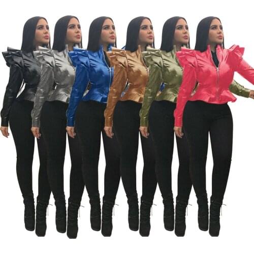 2021 Women Clothing Winter Jacket Leather Clothes Zipper Ruffles Black Leather Jackets Motorcycle For Women