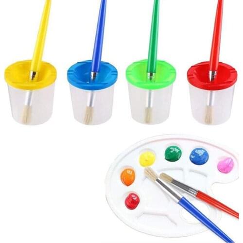 9 Pcs No Spill Paint Cups Set with Paint Brushes and Paint Tray Palette Paint Cups with Lids for Kids Art Painting
