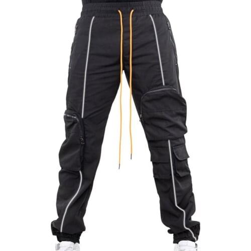 2021 Mens New Multi-Pocket Reflective Strip Cargo Trousers Mens Leisure Sports High Street Joker Trend Tie Up Leg Trousers