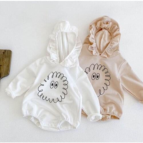 Korean Style Baby Girl Bodysuits Printed Hooded Collar Cotton Long Sleeve Infant Baby Girls Jumpsuit Spring Autumn Baby Clothes