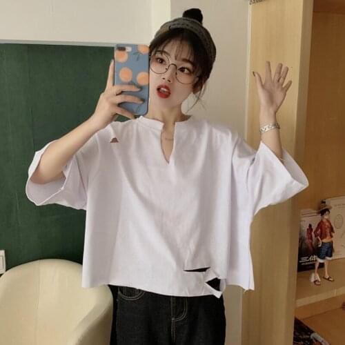 New Summer Holes T Shirt Women Fashion Sexy Black White Cotton Short Sleeve T Shirts Casual Loose T-Shirt