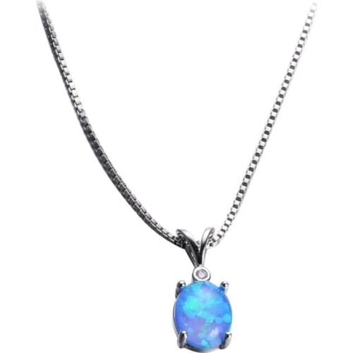Dainty Oval Blue Opal Pendant Necklace Vintage Fashion Silver Color Chain Necklaces For Women Wedding Multicolor Stone Necklace