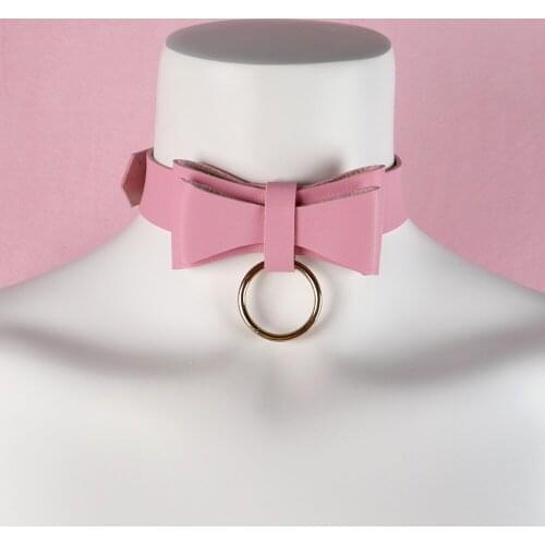 Kawaii Women Pink PU Leather Necklace with Bow Knot Metal Ring Punk Gothic Collar Choker Handmade Neck Harness Belt New Arrivals