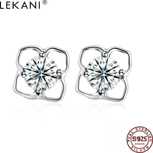 LEKANI Romantic Flower 925 Sterling Silver Stud Earrings For Women Clear Cubic Zirconia Female Earring Wedding Fine Jewelry New