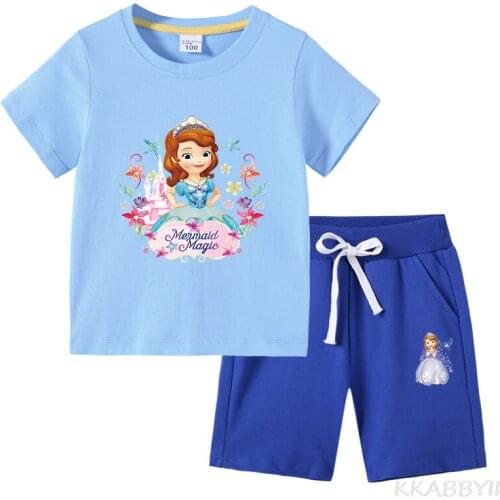Summer New Foreign Trade Childrens Wear Sofia Cotton Childrens Short Sleeve Pants Two Sets