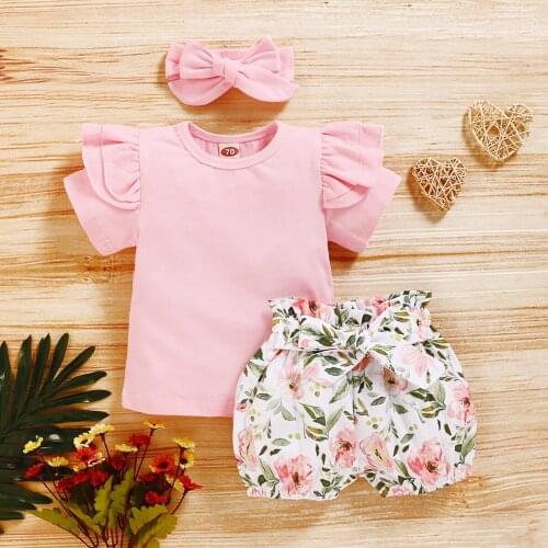 Fashion Newborn Infant Baby Girl Clothes Short Sleeve Cotton Solid T shirt Tops+Flower Shorts+Headband Summer 3PCS Outfit Set