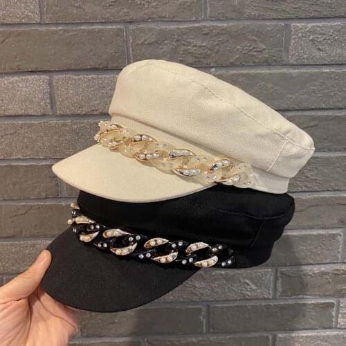 Fashion chain beret female Korean version of autumn and winter wild retro painter hat autumn flat top rhinestone military hat