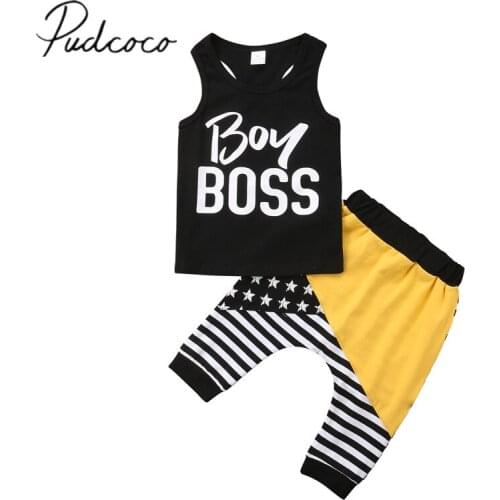 2018 Brand New Newborn Infant Baby Boys Summer Clothes 2PCS Sleeveless Letter Black Vest Tops Striped Patchwork Harem Pants 0-4Y