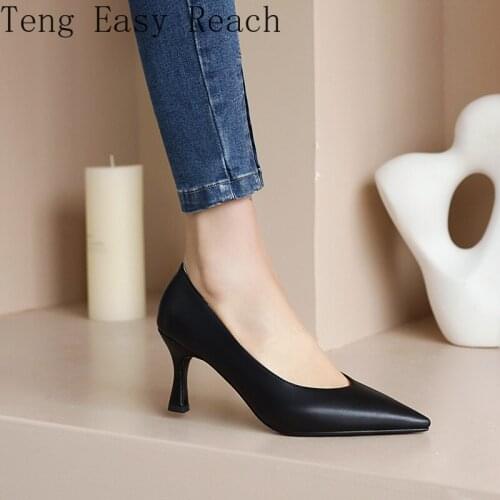 2021 Spring Autumn New Simple Elegant 7.5cm High Heels Stiletto Womens Pumps Pointed Black Etiquette Single Dress Shoes