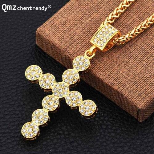 News Arrive Simple Gold Rhinestone Round Cross Pendant Necklace Men Hip Hop Crucifix Christian Male Men Jewelry