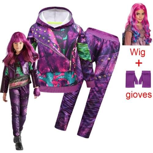 New Kids Halloween Costume For Girls Descendants 3 Cosplay Costumes With Wig Childrens Carnival Party Jumpsuit Catsuit